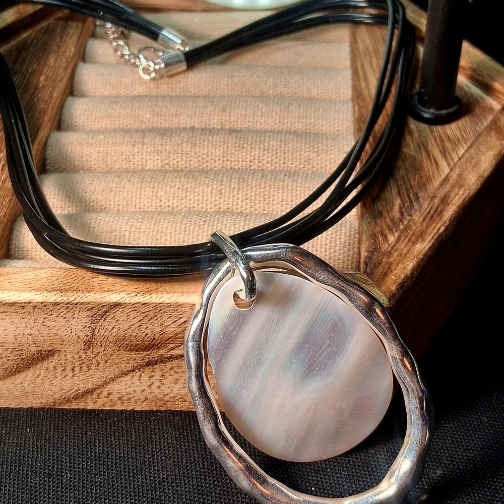 Sterling Silver Mother-of-Pearl Pendant Necklace - Black Cord